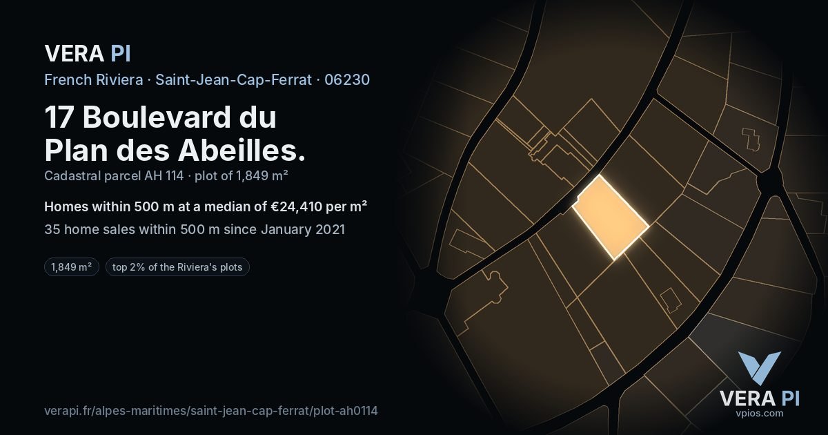 17 Boulevard du Plan des Abeilles, Saint-Jean-Cap-Ferrat at night – the plot lit, the parcels around coloured by the prices near them