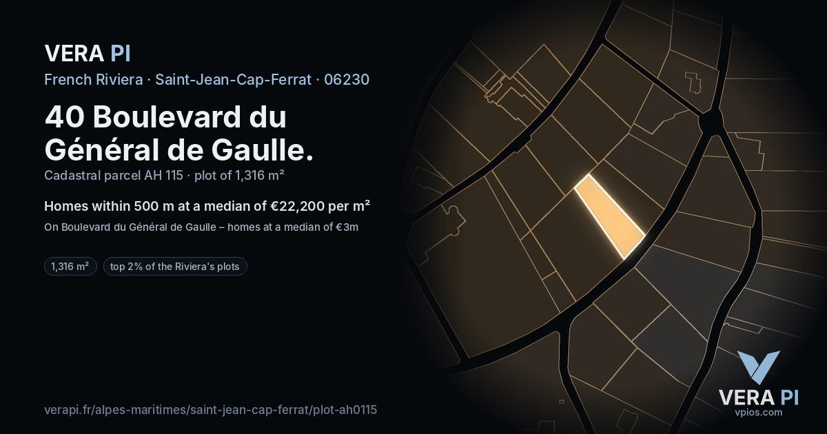 40 Boulevard du Général de Gaulle, Saint-Jean-Cap-Ferrat at night – the plot lit, the parcels around coloured by the prices near them