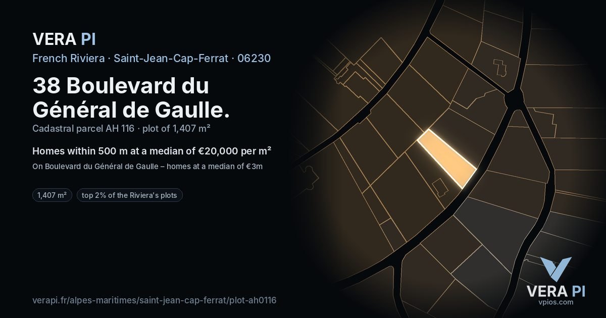 38 Boulevard du Général de Gaulle, Saint-Jean-Cap-Ferrat at night – the plot lit, the parcels around coloured by the prices near them