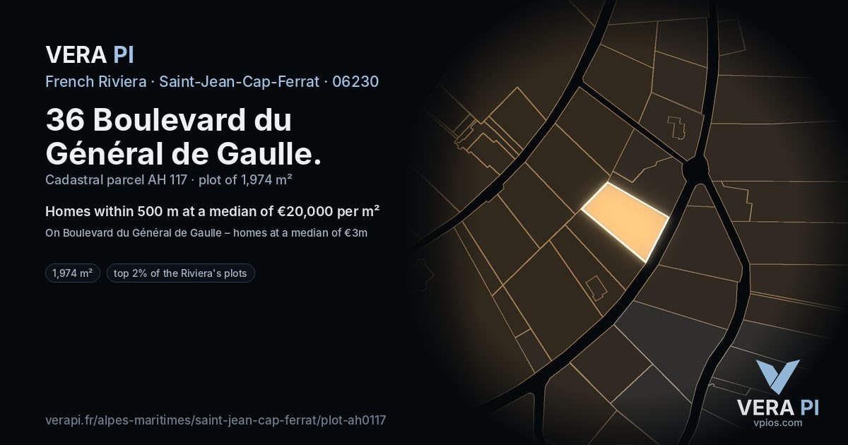 36 Boulevard du Général de Gaulle, Saint-Jean-Cap-Ferrat at night – the plot lit, the parcels around coloured by the prices near them