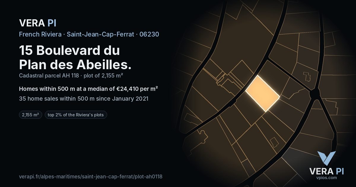 15 Boulevard du Plan des Abeilles, Saint-Jean-Cap-Ferrat at night – the plot lit, the parcels around coloured by the prices near them