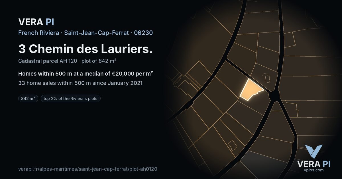 3 Chemin des Lauriers, Saint-Jean-Cap-Ferrat at night – the plot lit, the parcels around coloured by the prices near them