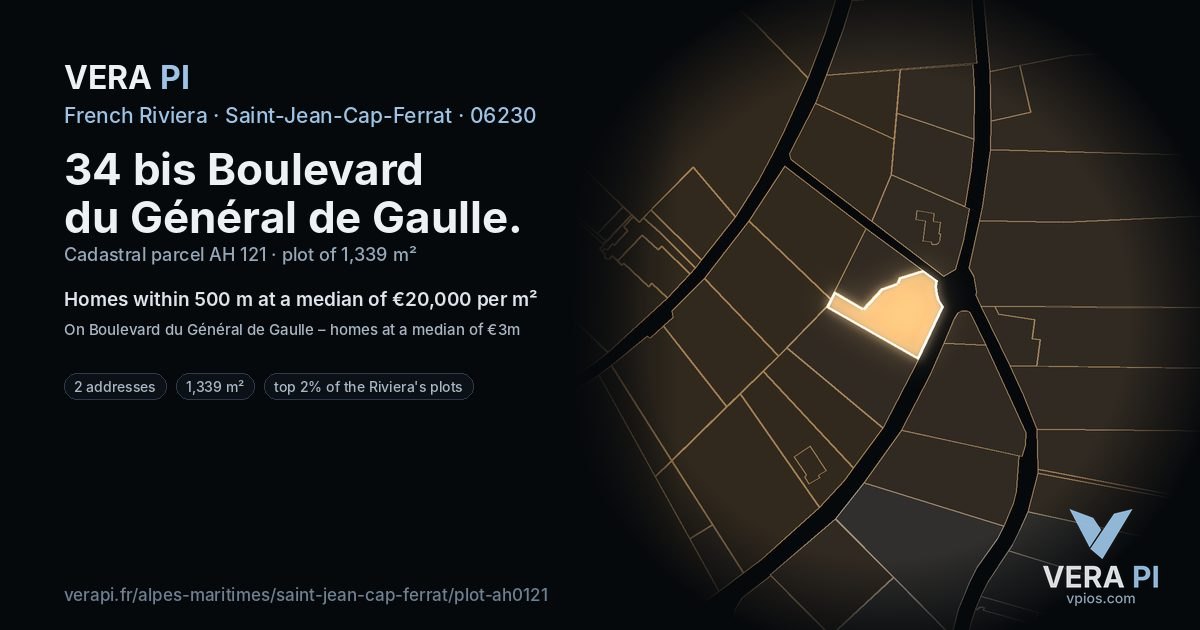 34 bis Boulevard du Général de Gaulle, Saint-Jean-Cap-Ferrat at night – the plot lit, the parcels around coloured by the prices near them