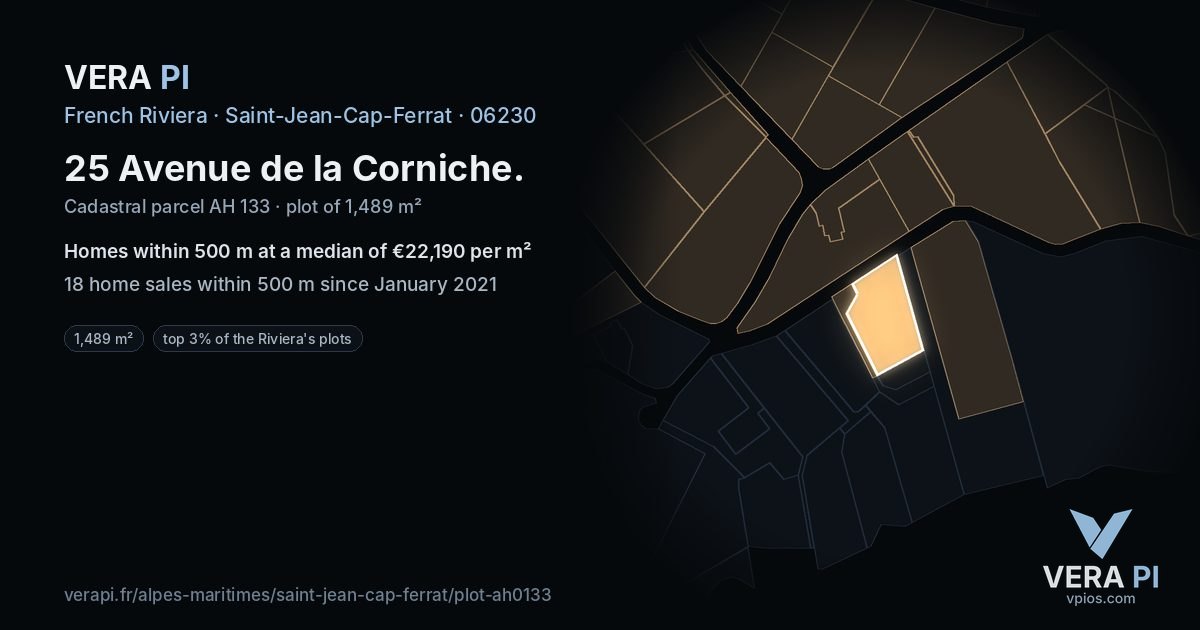 25 Avenue de la Corniche, Saint-Jean-Cap-Ferrat at night – the plot lit, the parcels around coloured by the prices near them