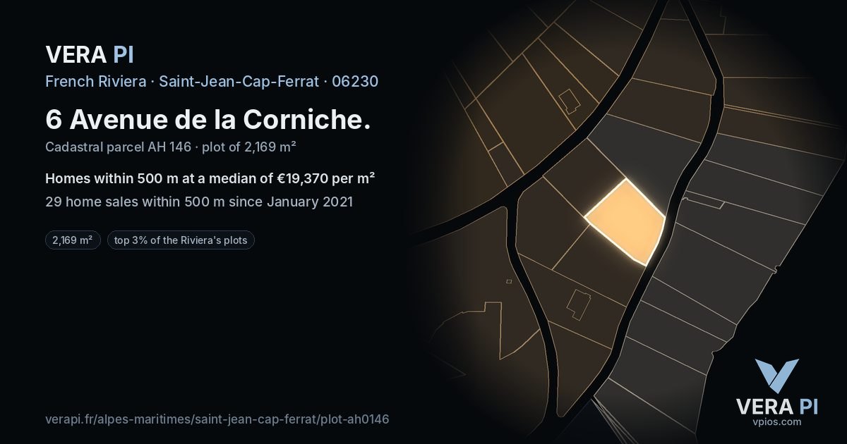 6 Avenue de la Corniche, Saint-Jean-Cap-Ferrat at night – the plot lit, the parcels around coloured by the prices near them