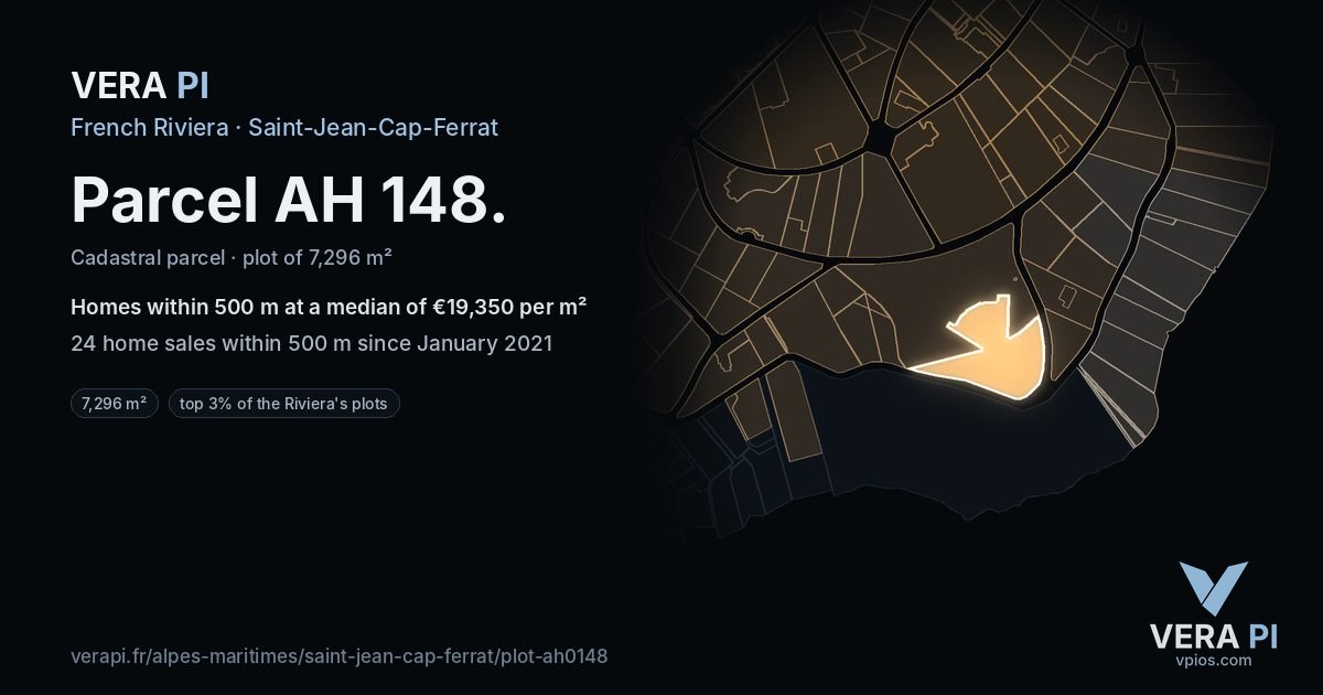 Parcel AH 148, Saint-Jean-Cap-Ferrat at night – the plot lit, the parcels around coloured by the prices near them