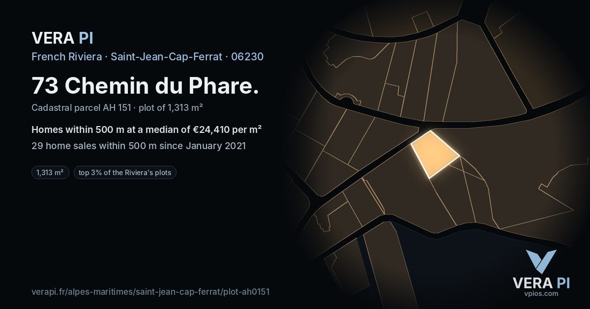 73 Chemin du Phare, Saint-Jean-Cap-Ferrat at night – the plot lit, the parcels around coloured by the prices near them