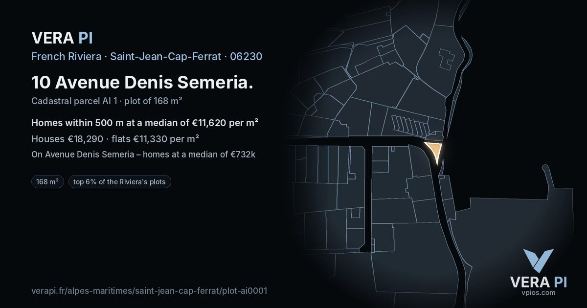 10 Avenue Denis Semeria, Saint-Jean-Cap-Ferrat at night – the plot lit, the parcels around coloured by the prices near them