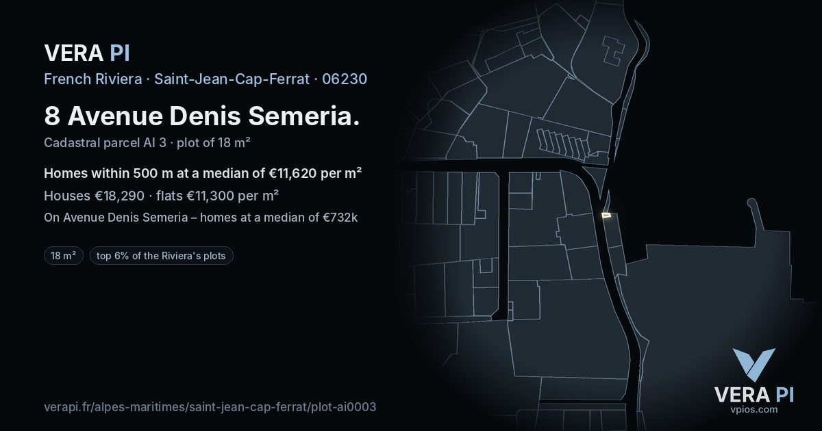 8 Avenue Denis Semeria, Saint-Jean-Cap-Ferrat at night – the plot lit, the parcels around coloured by the prices near them