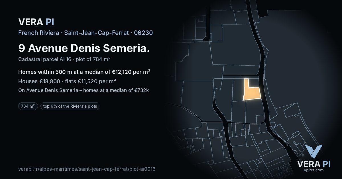 9 Avenue Denis Semeria, Saint-Jean-Cap-Ferrat at night – the plot lit, the parcels around coloured by the prices near them