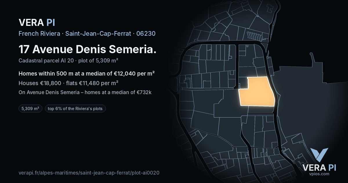 17 Avenue Denis Semeria, Saint-Jean-Cap-Ferrat at night – the plot lit, the parcels around coloured by the prices near them