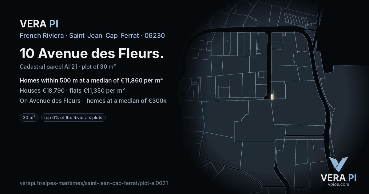 10 Avenue des Fleurs, Saint-Jean-Cap-Ferrat at night – the plot lit, the parcels around coloured by the prices near them