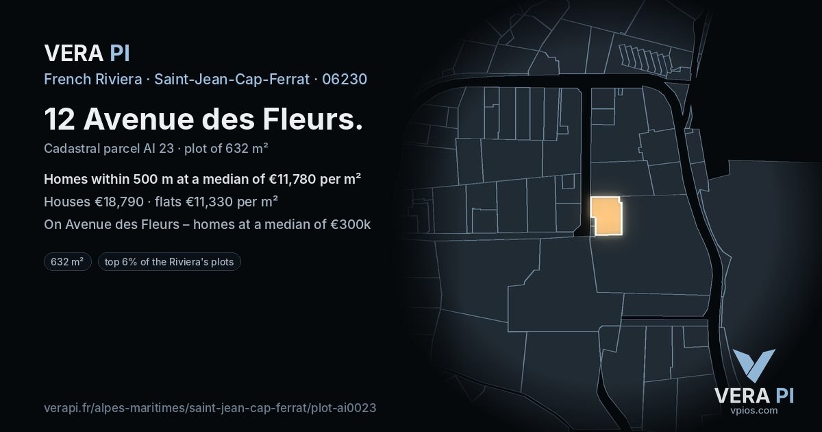 12 Avenue des Fleurs, Saint-Jean-Cap-Ferrat at night – the plot lit, the parcels around coloured by the prices near them