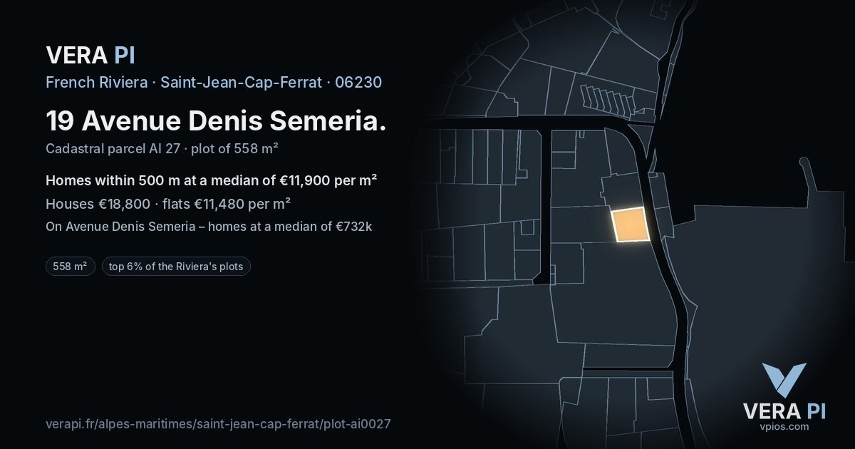 19 Avenue Denis Semeria, Saint-Jean-Cap-Ferrat at night – the plot lit, the parcels around coloured by the prices near them