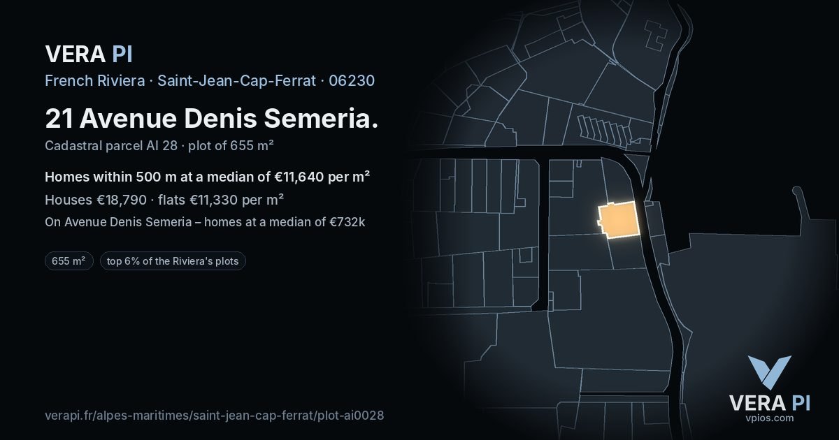 21 Avenue Denis Semeria, Saint-Jean-Cap-Ferrat at night – the plot lit, the parcels around coloured by the prices near them