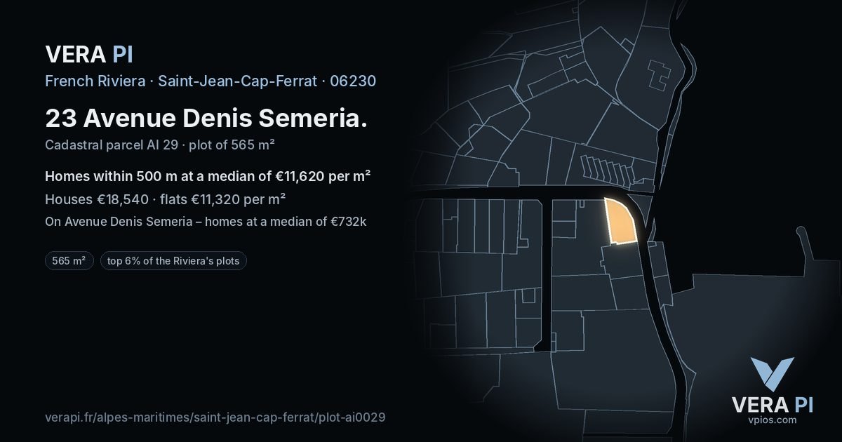 23 Avenue Denis Semeria, Saint-Jean-Cap-Ferrat at night – the plot lit, the parcels around coloured by the prices near them