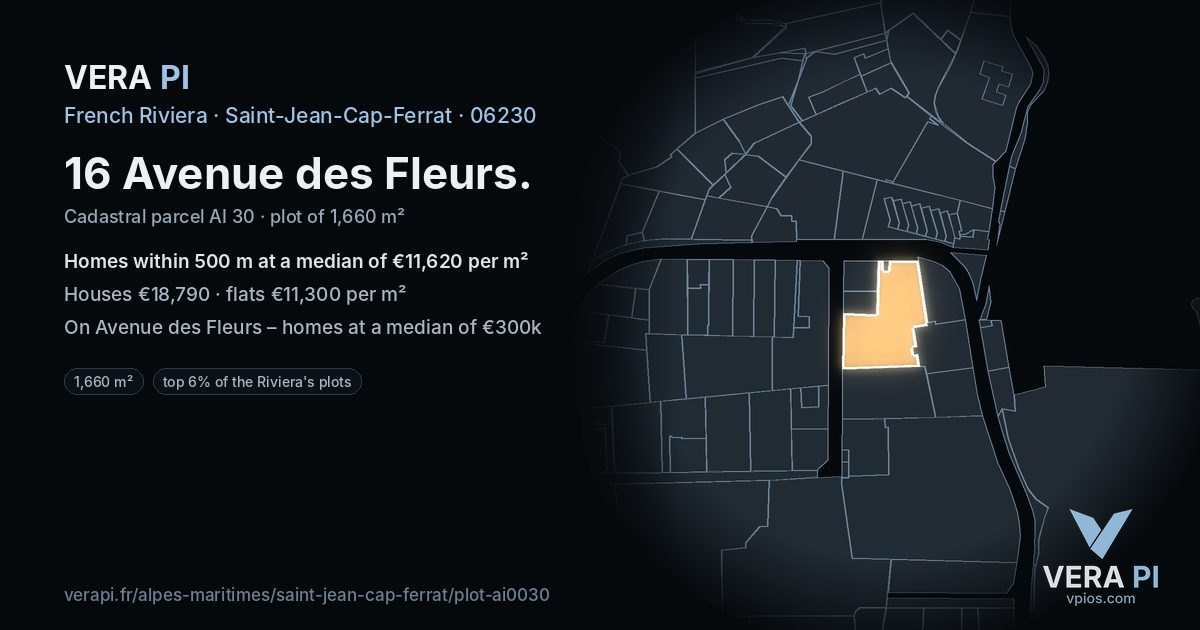 16 Avenue des Fleurs, Saint-Jean-Cap-Ferrat at night – the plot lit, the parcels around coloured by the prices near them
