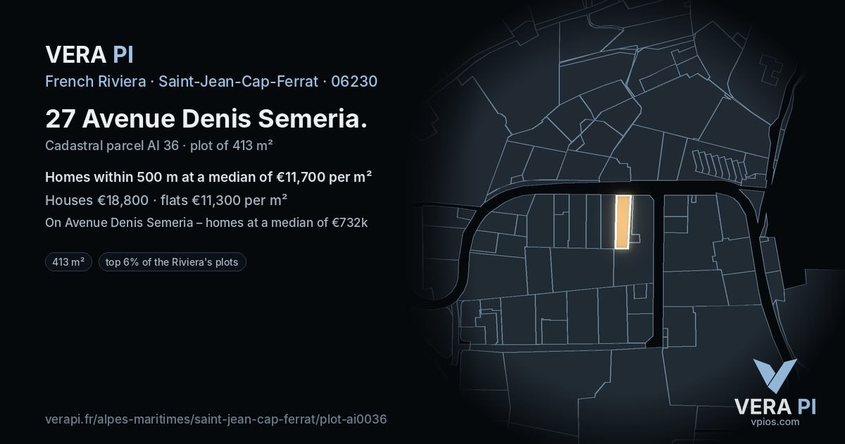 27 Avenue Denis Semeria, Saint-Jean-Cap-Ferrat at night – the plot lit, the parcels around coloured by the prices near them