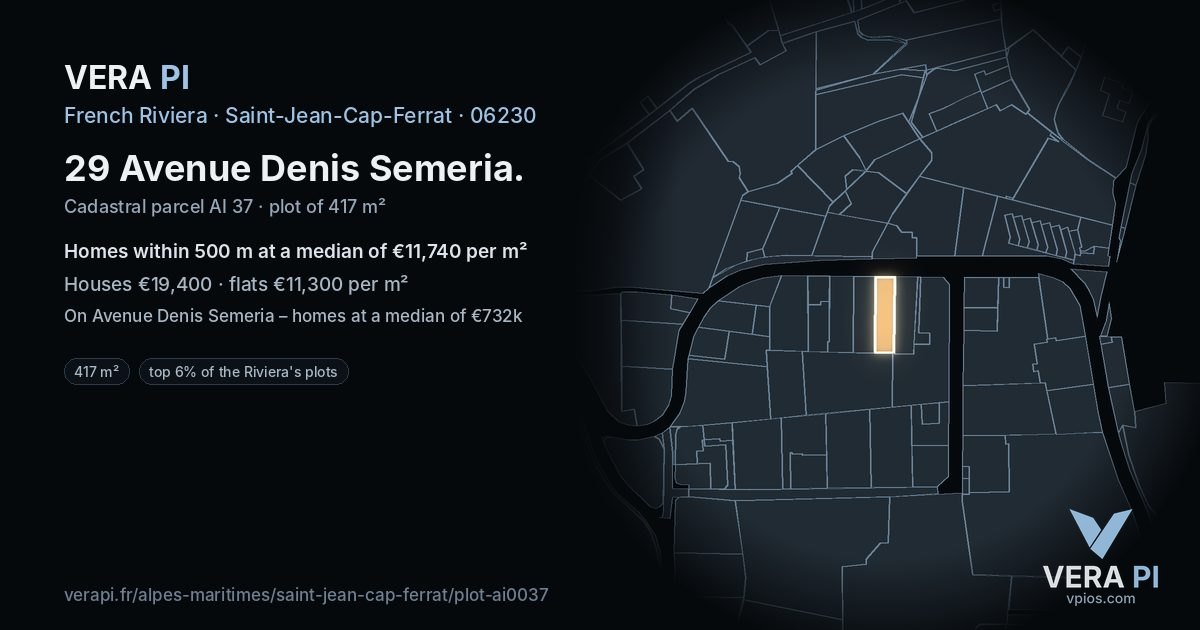 29 Avenue Denis Semeria, Saint-Jean-Cap-Ferrat at night – the plot lit, the parcels around coloured by the prices near them