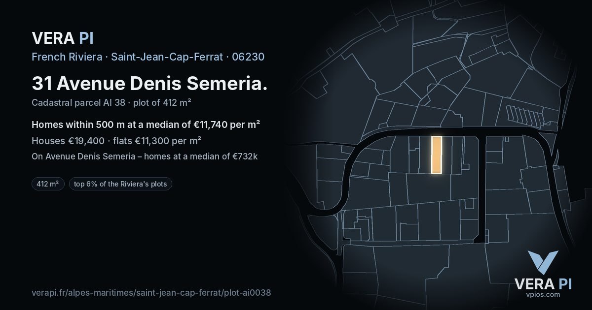 31 Avenue Denis Semeria, Saint-Jean-Cap-Ferrat at night – the plot lit, the parcels around coloured by the prices near them