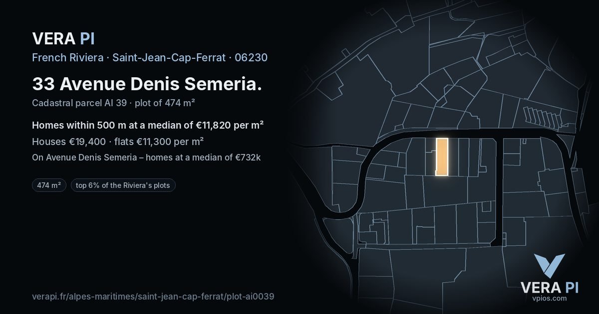 33 Avenue Denis Semeria, Saint-Jean-Cap-Ferrat at night – the plot lit, the parcels around coloured by the prices near them