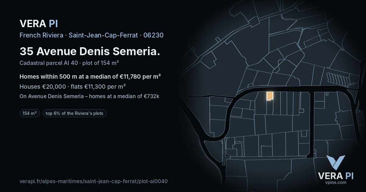 35 Avenue Denis Semeria, Saint-Jean-Cap-Ferrat at night – the plot lit, the parcels around coloured by the prices near them