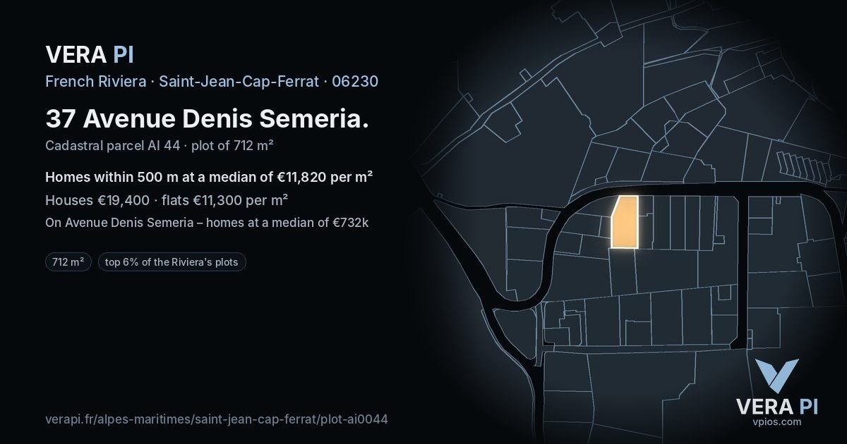 37 Avenue Denis Semeria, Saint-Jean-Cap-Ferrat at night – the plot lit, the parcels around coloured by the prices near them