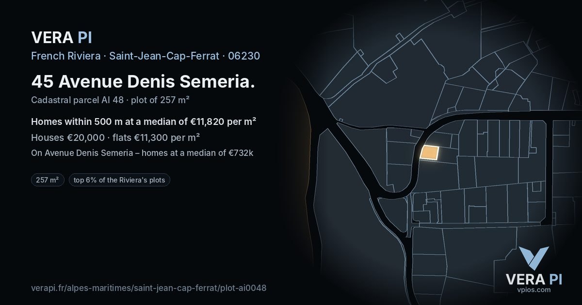 45 Avenue Denis Semeria, Saint-Jean-Cap-Ferrat at night – the plot lit, the parcels around coloured by the prices near them