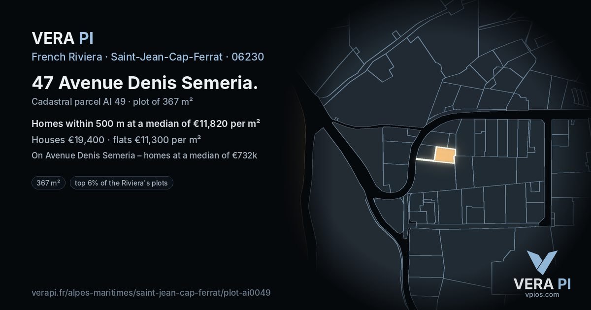 47 Avenue Denis Semeria, Saint-Jean-Cap-Ferrat at night – the plot lit, the parcels around coloured by the prices near them