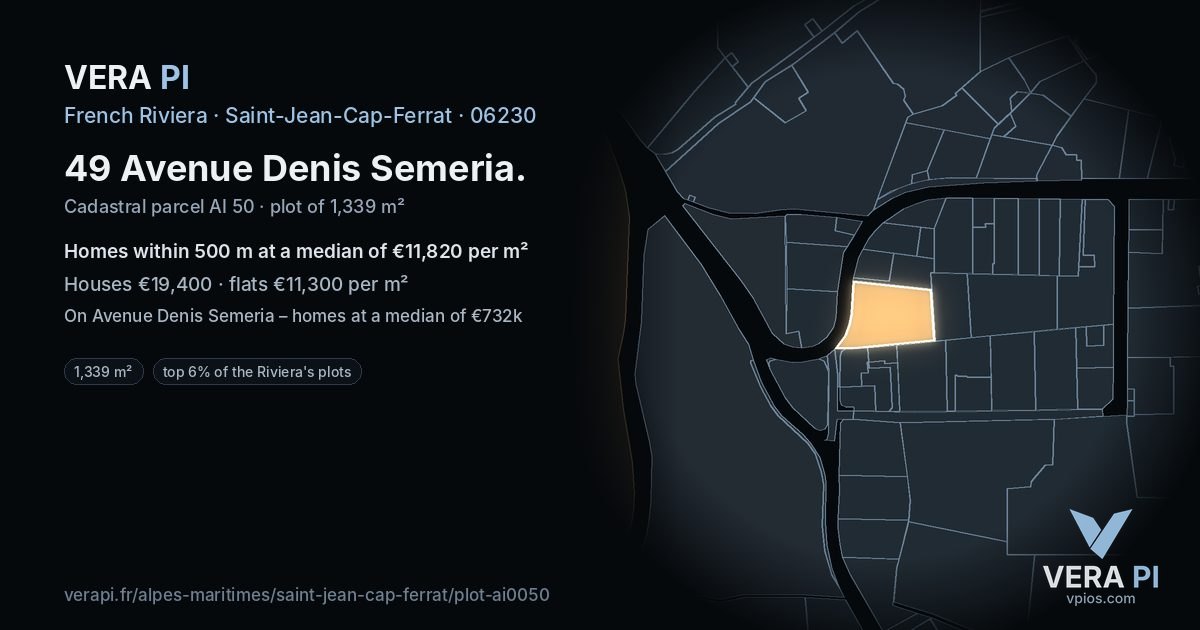 49 Avenue Denis Semeria, Saint-Jean-Cap-Ferrat at night – the plot lit, the parcels around coloured by the prices near them