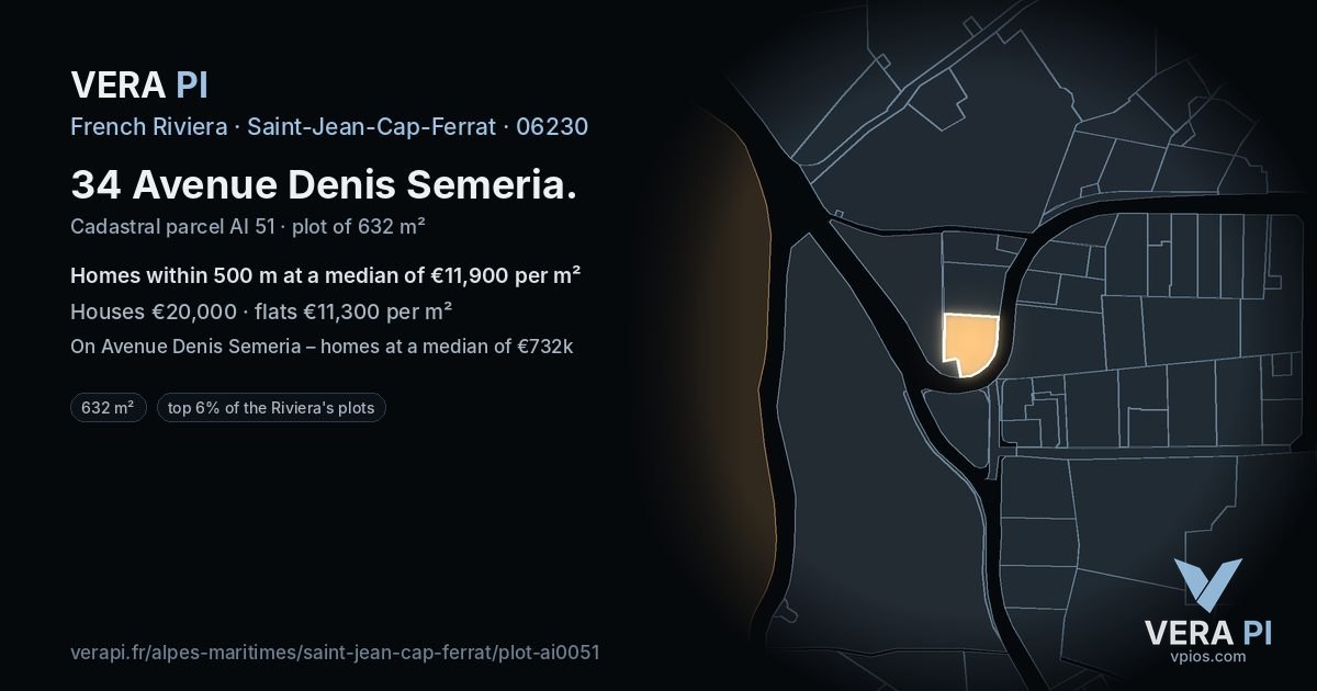 34 Avenue Denis Semeria, Saint-Jean-Cap-Ferrat at night – the plot lit, the parcels around coloured by the prices near them