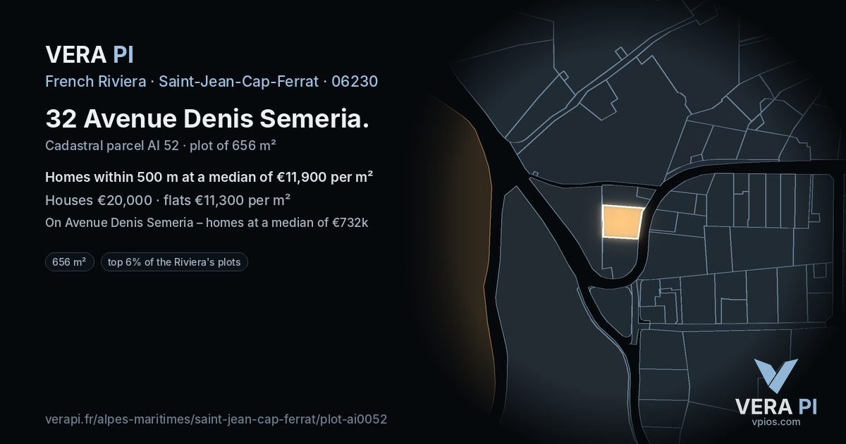 32 Avenue Denis Semeria, Saint-Jean-Cap-Ferrat at night – the plot lit, the parcels around coloured by the prices near them