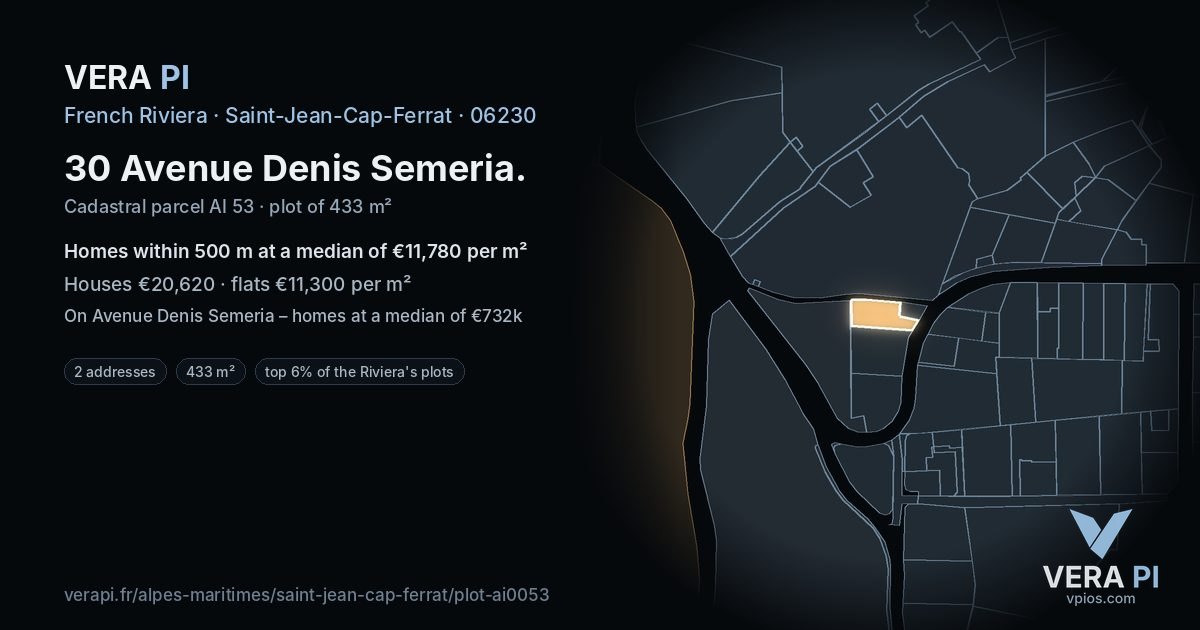 30 Avenue Denis Semeria, Saint-Jean-Cap-Ferrat at night – the plot lit, the parcels around coloured by the prices near them