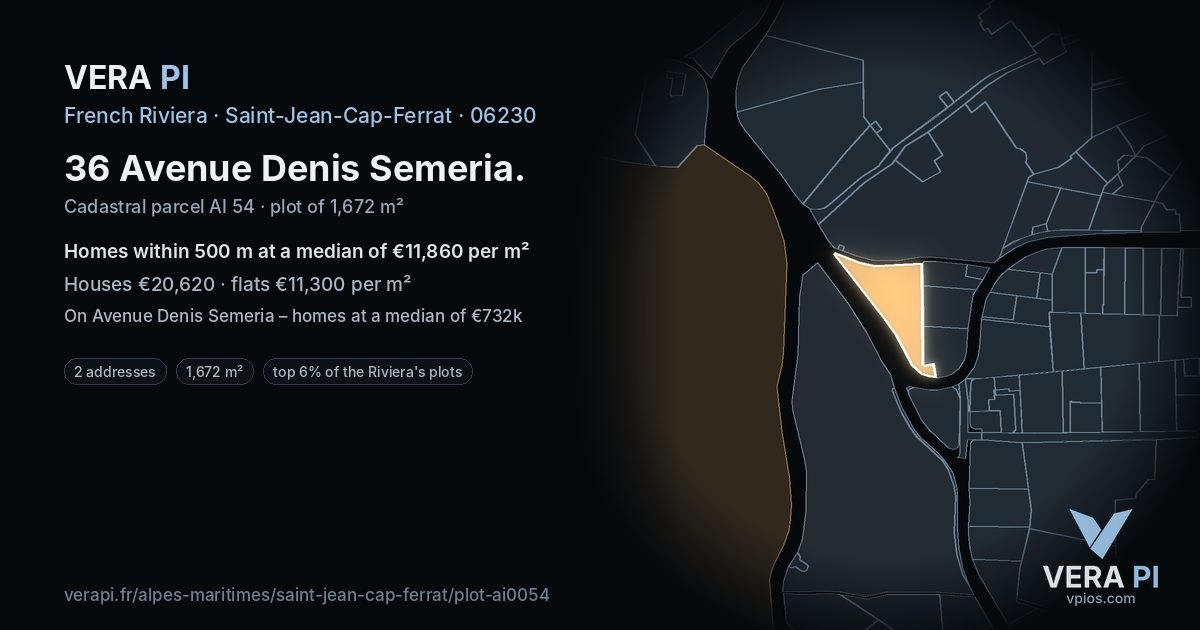 36 Avenue Denis Semeria, Saint-Jean-Cap-Ferrat at night – the plot lit, the parcels around coloured by the prices near them