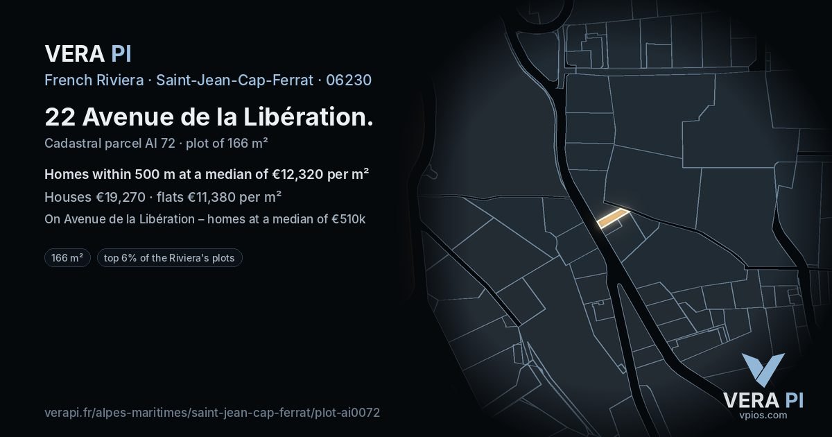 22 Avenue de la Libération, Saint-Jean-Cap-Ferrat at night – the plot lit, the parcels around coloured by the prices near them