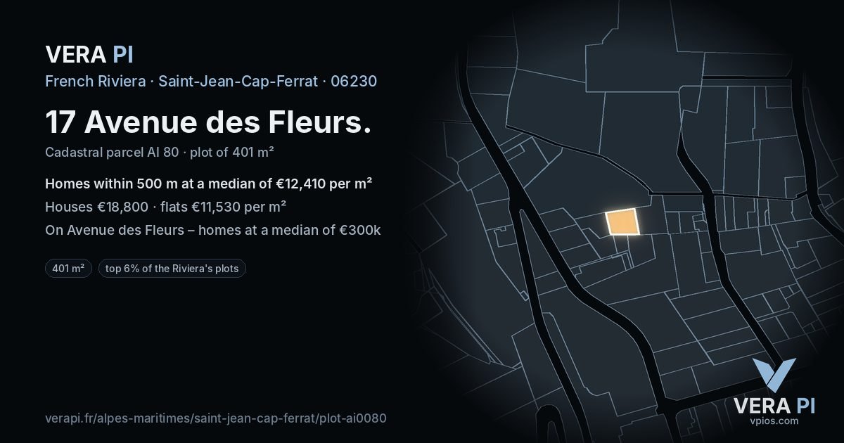 17 Avenue des Fleurs, Saint-Jean-Cap-Ferrat at night – the plot lit, the parcels around coloured by the prices near them