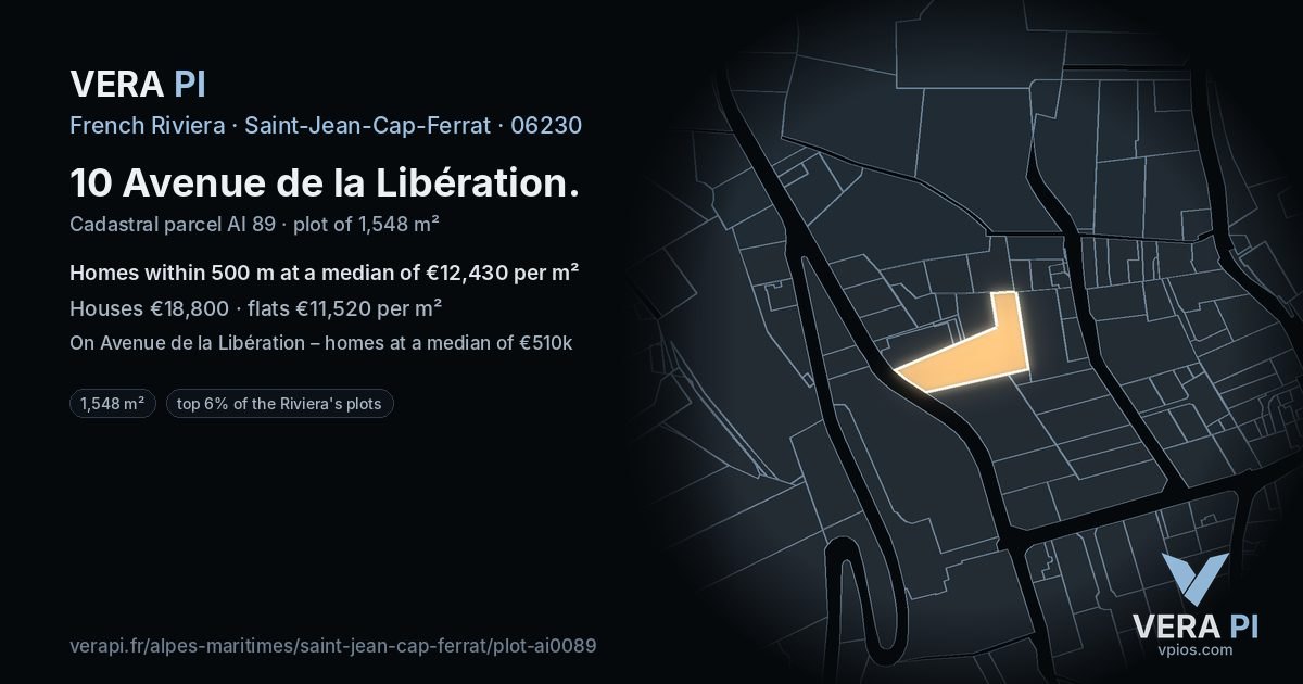 10 Avenue de la Libération, Saint-Jean-Cap-Ferrat at night – the plot lit, the parcels around coloured by the prices near them