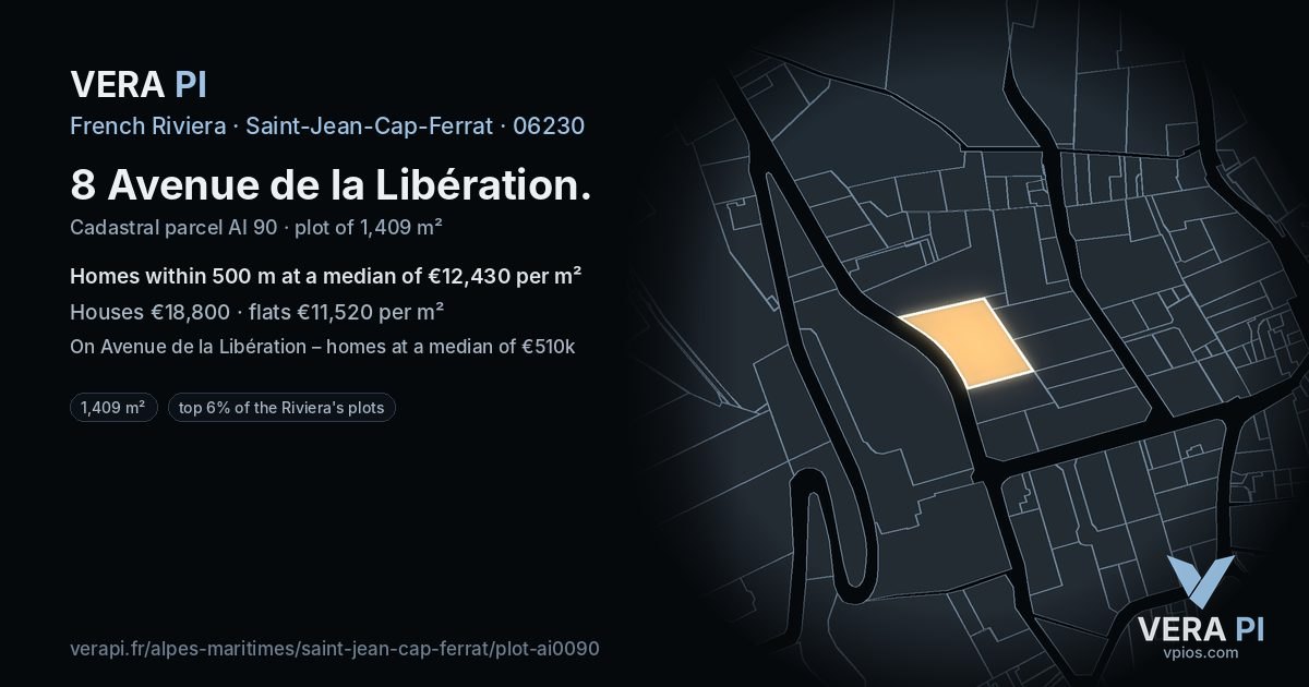 8 Avenue de la Libération, Saint-Jean-Cap-Ferrat at night – the plot lit, the parcels around coloured by the prices near them