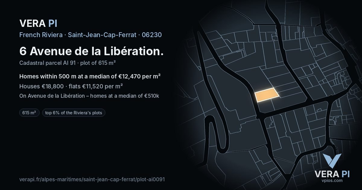 6 Avenue de la Libération, Saint-Jean-Cap-Ferrat at night – the plot lit, the parcels around coloured by the prices near them