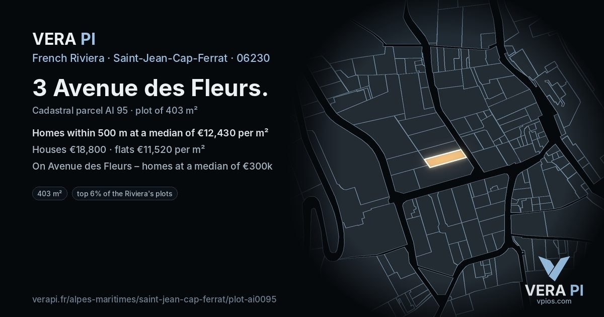 3 Avenue des Fleurs, Saint-Jean-Cap-Ferrat at night – the plot lit, the parcels around coloured by the prices near them