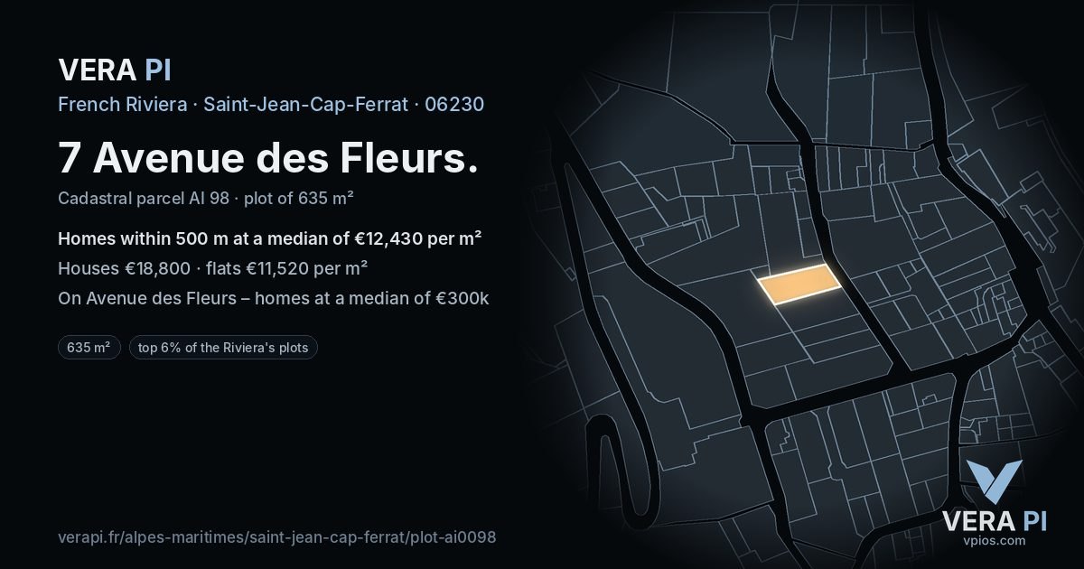 7 Avenue des Fleurs, Saint-Jean-Cap-Ferrat at night – the plot lit, the parcels around coloured by the prices near them
