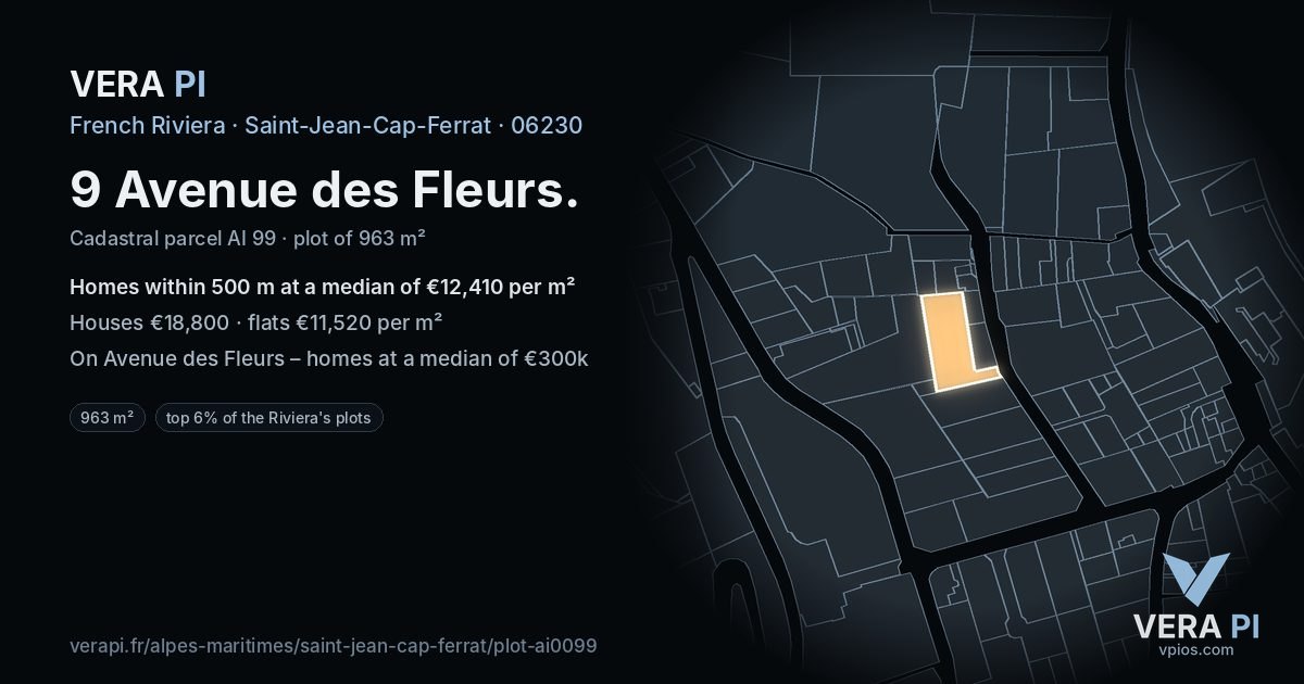 9 Avenue des Fleurs, Saint-Jean-Cap-Ferrat at night – the plot lit, the parcels around coloured by the prices near them