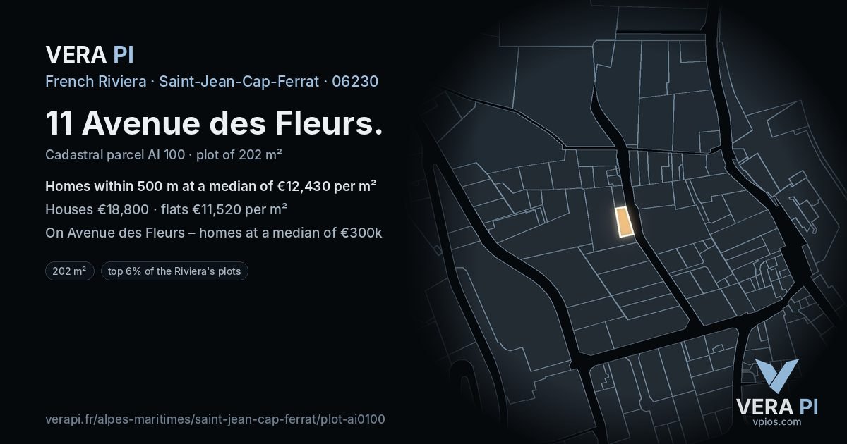 11 Avenue des Fleurs, Saint-Jean-Cap-Ferrat at night – the plot lit, the parcels around coloured by the prices near them