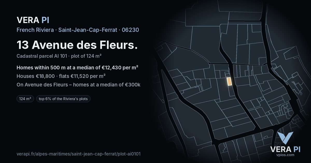 13 Avenue des Fleurs, Saint-Jean-Cap-Ferrat at night – the plot lit, the parcels around coloured by the prices near them