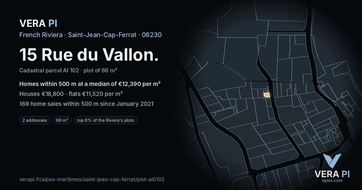 15 Rue du Vallon, Saint-Jean-Cap-Ferrat at night – the plot lit, the parcels around coloured by the prices near them