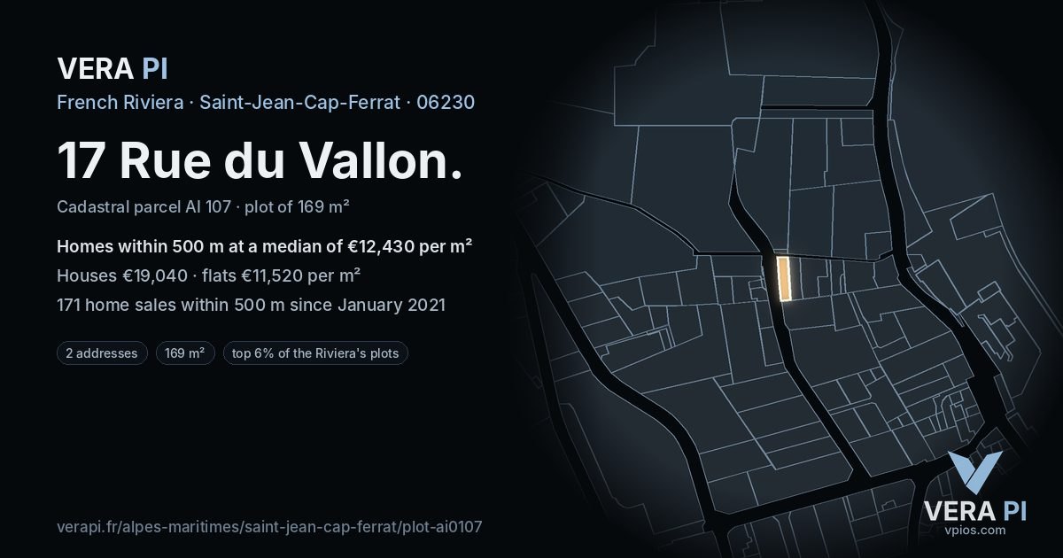 17 Rue du Vallon, Saint-Jean-Cap-Ferrat at night – the plot lit, the parcels around coloured by the prices near them