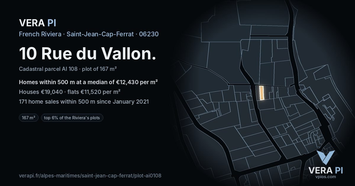10 Rue du Vallon, Saint-Jean-Cap-Ferrat at night – the plot lit, the parcels around coloured by the prices near them