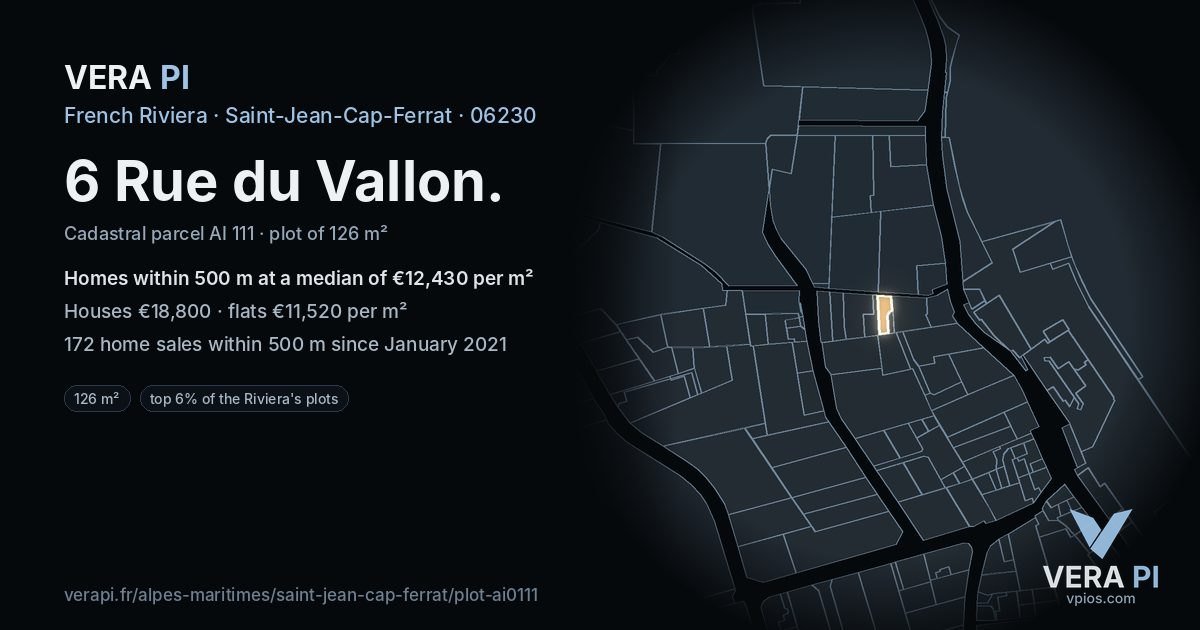 6 Rue du Vallon, Saint-Jean-Cap-Ferrat at night – the plot lit, the parcels around coloured by the prices near them