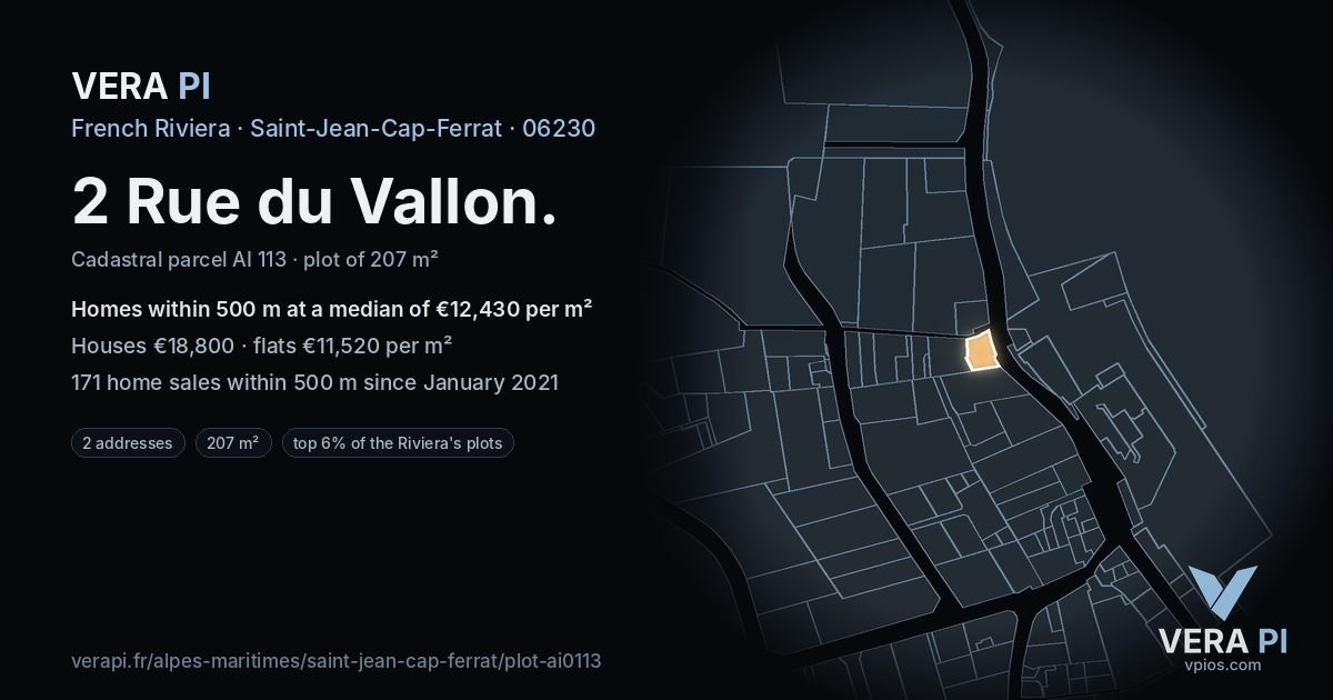 2 Rue du Vallon, Saint-Jean-Cap-Ferrat at night – the plot lit, the parcels around coloured by the prices near them