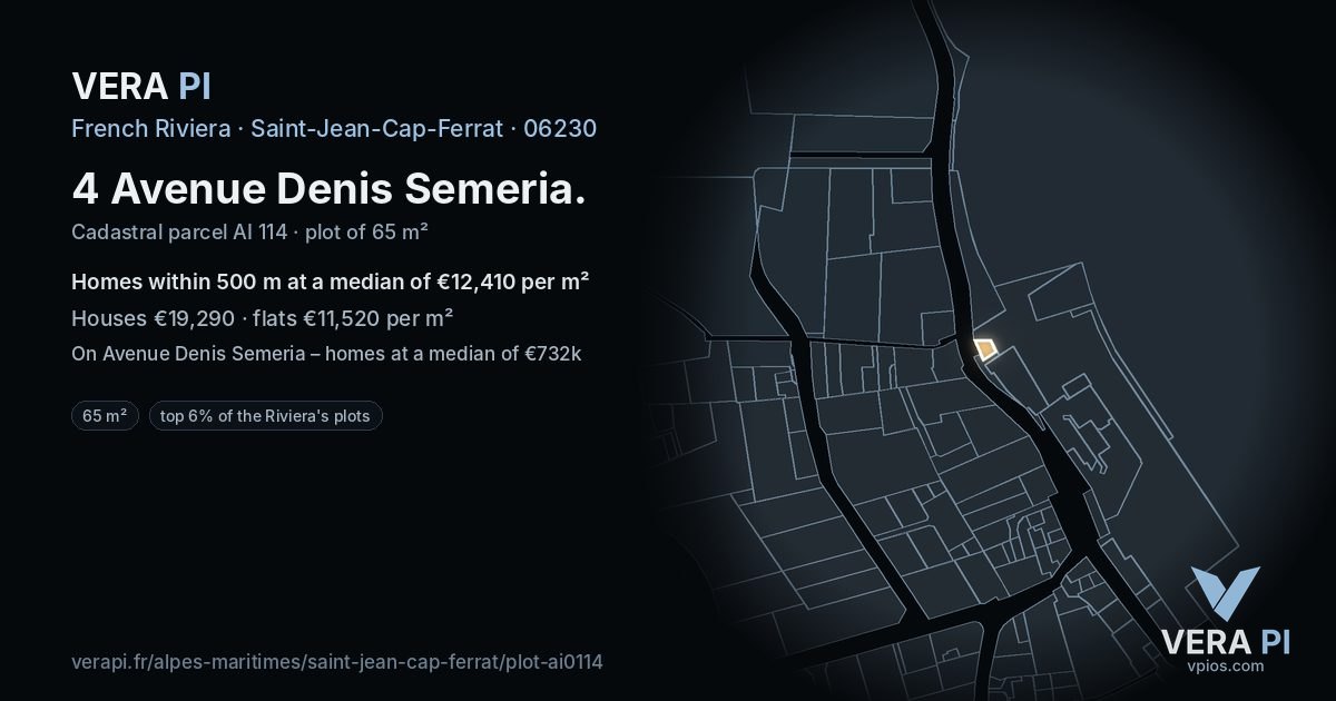 4 Avenue Denis Semeria, Saint-Jean-Cap-Ferrat at night – the plot lit, the parcels around coloured by the prices near them